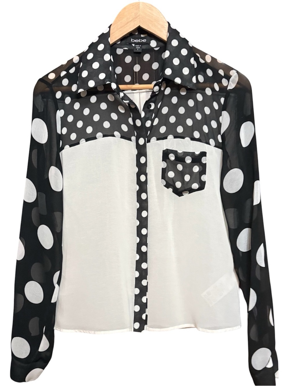 bebe S Polka Dot Sheer Navy Blouse with White Dots